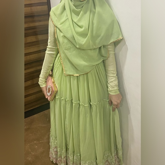 Full flaired beautifully embroidered pastel green gown for party wear - Picture 4 of 11